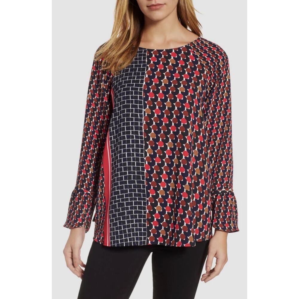 Nic & Zoe Mixed Dot Blouse Womens Size 1X Red Blue Bell Sleeve Boho Funky Top